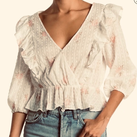 NWT BCBGeneration | Cream Floral Peplum Hem Blouse | Large - Picture 1 of 11